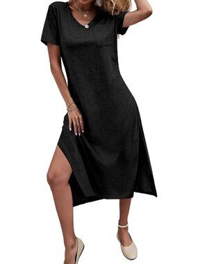 Summer V Neck Short Sleeve T-Shirt Dress for Women - Casual Long Tee Dress